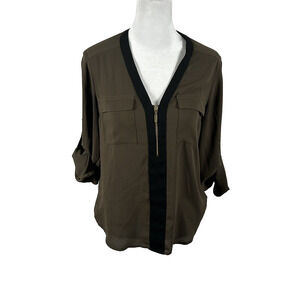 Express Green Black V Neck Top Blouse Cuffed Long Sleeve XS Zip Business Casual